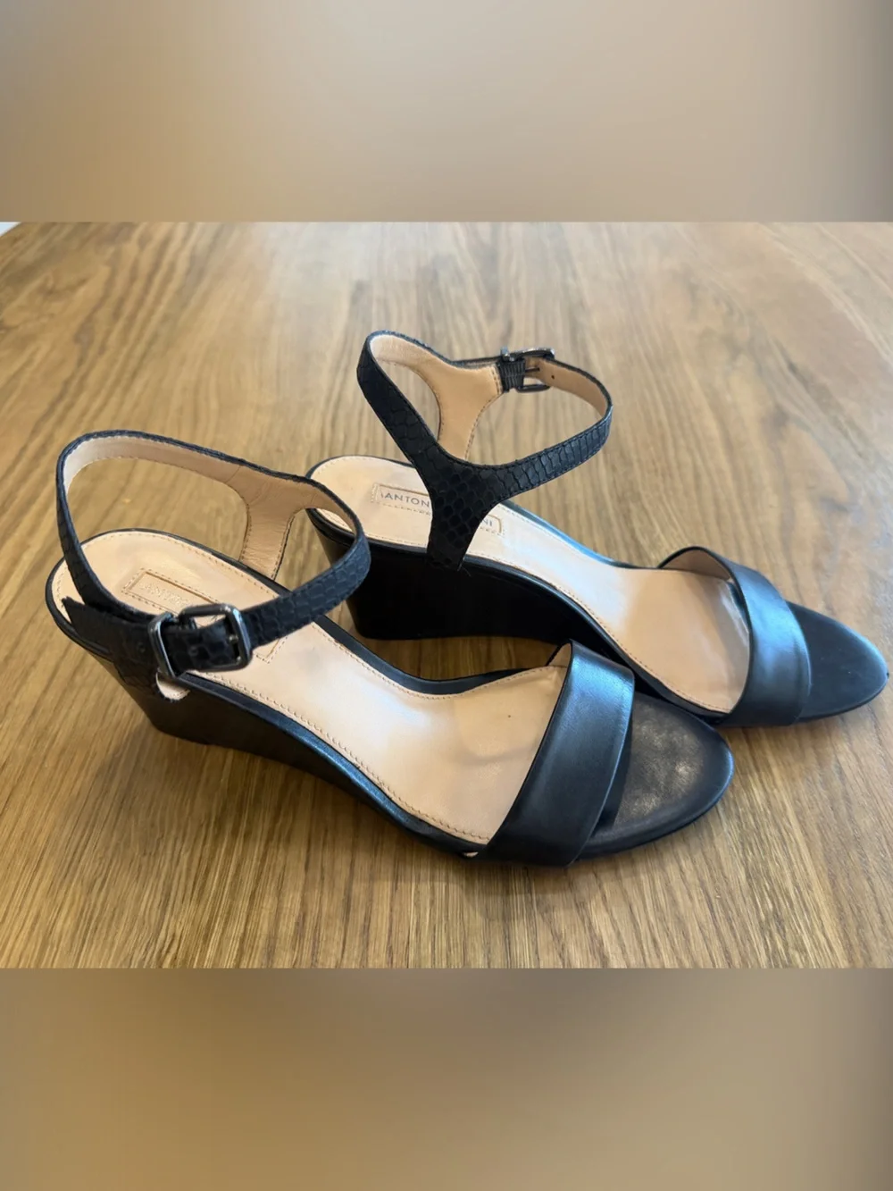ANTONIO MELANI Black Leather Wedge Sandals Ankle Strap Size 8 Dress Heels